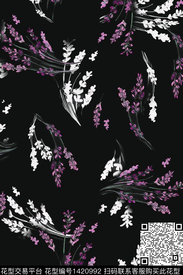 黑底花卉纹理小碎花数码印花花型下载（图片编号: 1420992） - 瓦栏（Walan）