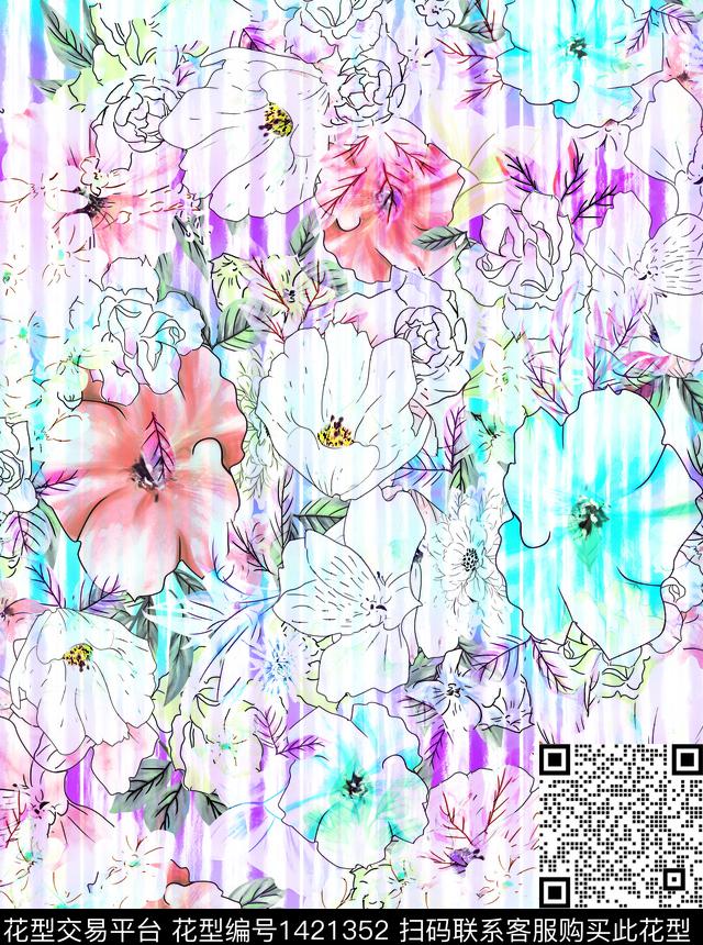 涂鸦花卉热带花型数码印花花型下载（图片编号: 1421352） - 瓦栏（Walan）