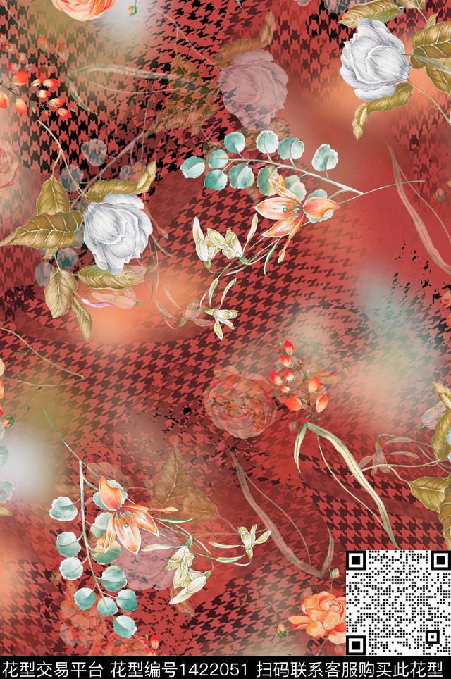 水彩花卉牡丹千鸟格数码印花花型下载（图片编号: 1422051） - 瓦栏（Walan）