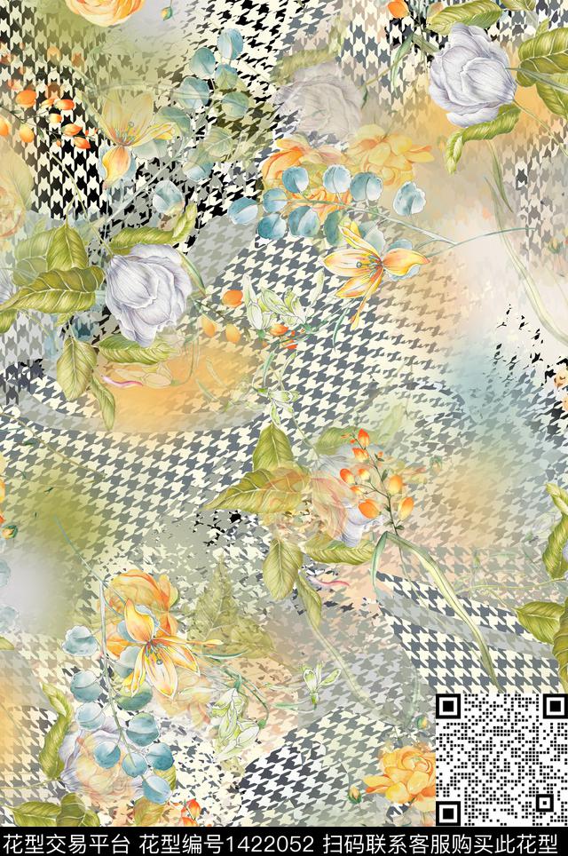 水彩花卉牡丹千鸟格数码印花花型下载（图片编号: 1422052） - 瓦栏（Walan）