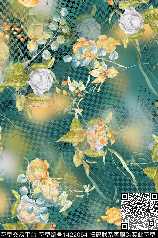 水彩花卉牡丹千鸟格数码印花花型下载（图片编号: 1422054） - 瓦栏（Walan）