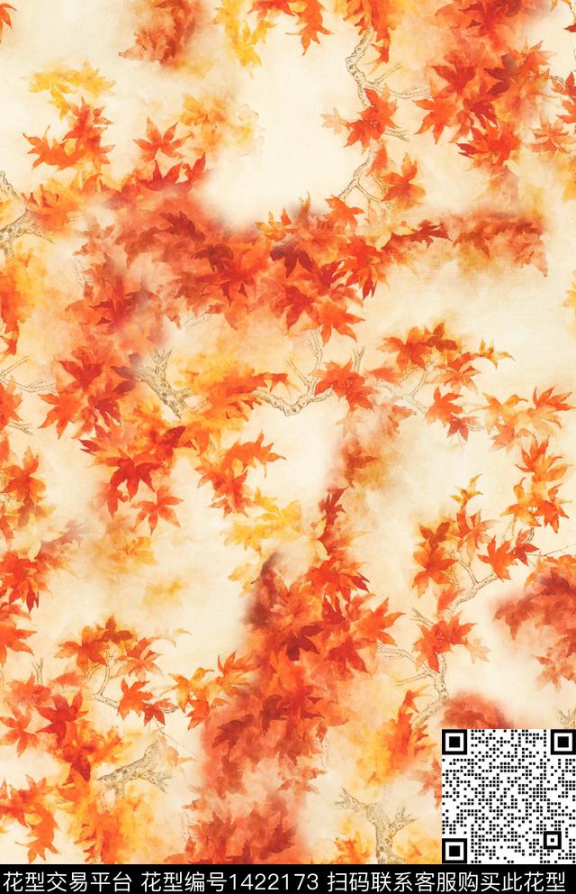 枫叶旗袍数码印花花型下载（图片编号: 1422173） - 瓦栏（Walan）