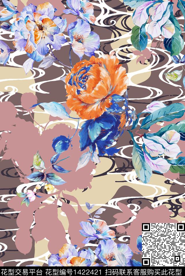 彩底花卉条纹数码印花花型下载（图片编号: 1422421） - 瓦栏（Walan）