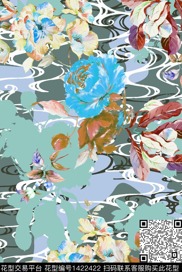 彩底花卉条纹数码印花花型下载（图片编号: 1422422） - 瓦栏（Walan）