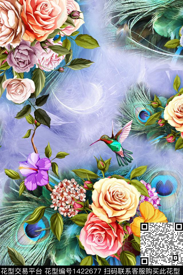 花鸟手绘玫瑰羽毛数码印花花型下载（图片编号: 1422677） - 瓦栏（Walan）