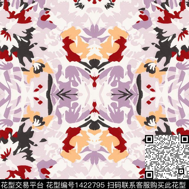 丝巾定位花撞色彩底花卉数码印花花型下载（图片编号: 1422795） - 瓦栏（Walan）