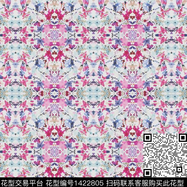 丝巾定位花撞色彩底花卉数码印花花型下载（图片编号: 1422805） - 瓦栏（Walan）