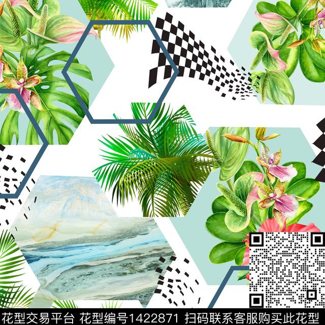几何花卉热带花型棕榈树数码印花花型下载（图片编号: 1422871） - 瓦栏（Walan）