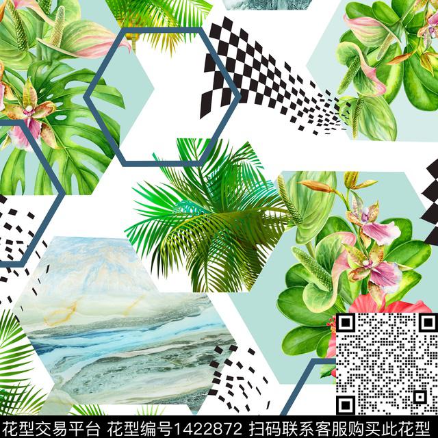 几何花卉热带花型棕榈树数码印花花型下载（图片编号: 1422872） - 瓦栏（Walan）