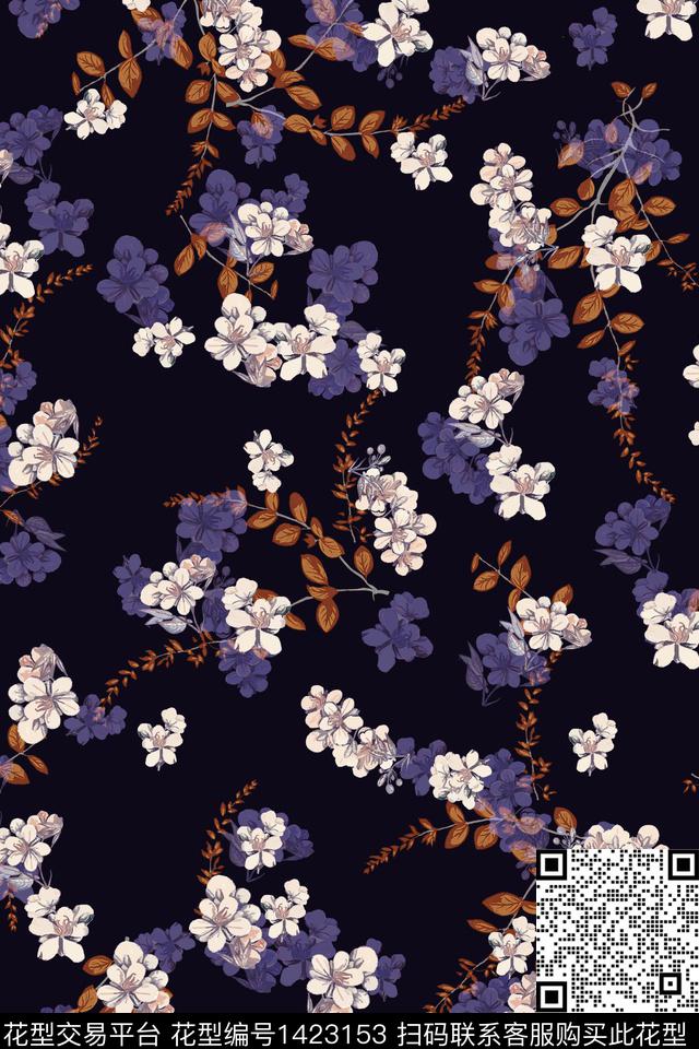 黑底花卉树枝花卉数码印花花型下载（图片编号: 1423153） - 瓦栏（Walan）