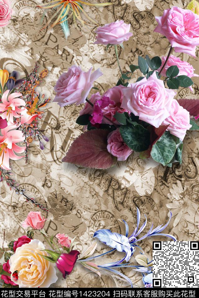 玫瑰花纹理花卉数码印花花型下载（图片编号: 1423204） - 瓦栏（Walan）