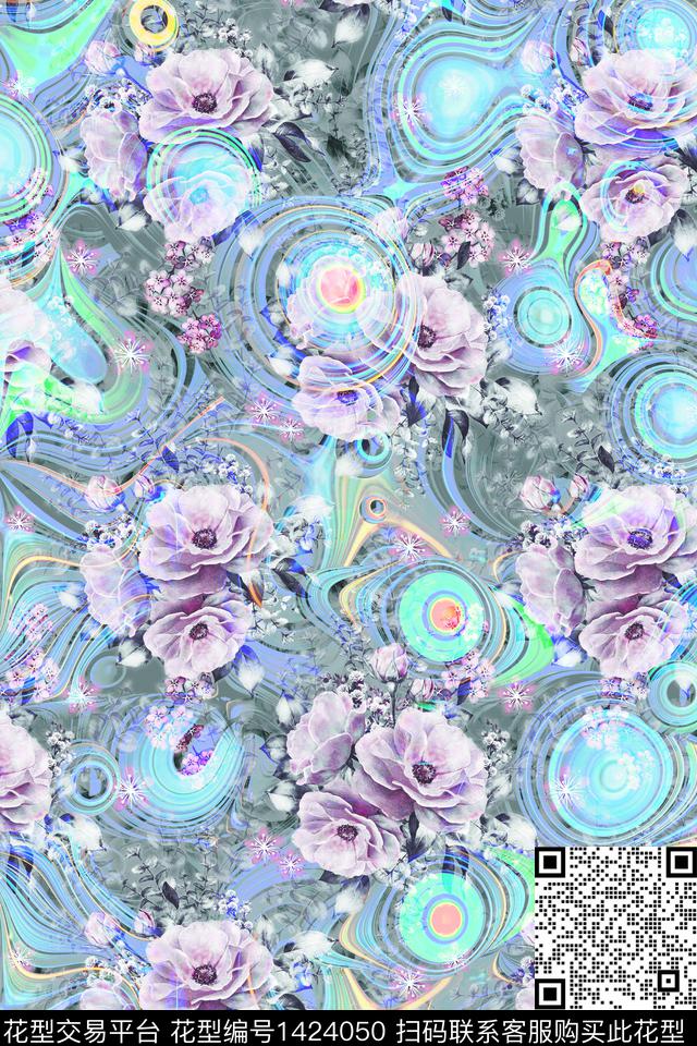 炫彩花卉朦胧花卉数码印花花型下载（图片编号: 1424050） - 瓦栏（Walan）