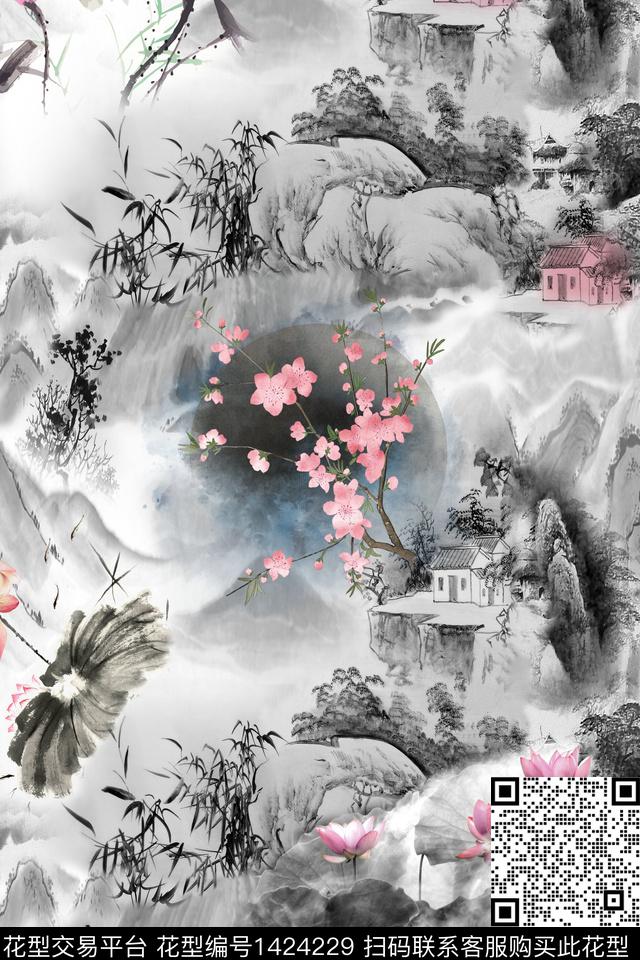 水墨风荷花古风山水数码印花花型下载（图片编号: 1424229） - 瓦栏（Walan）