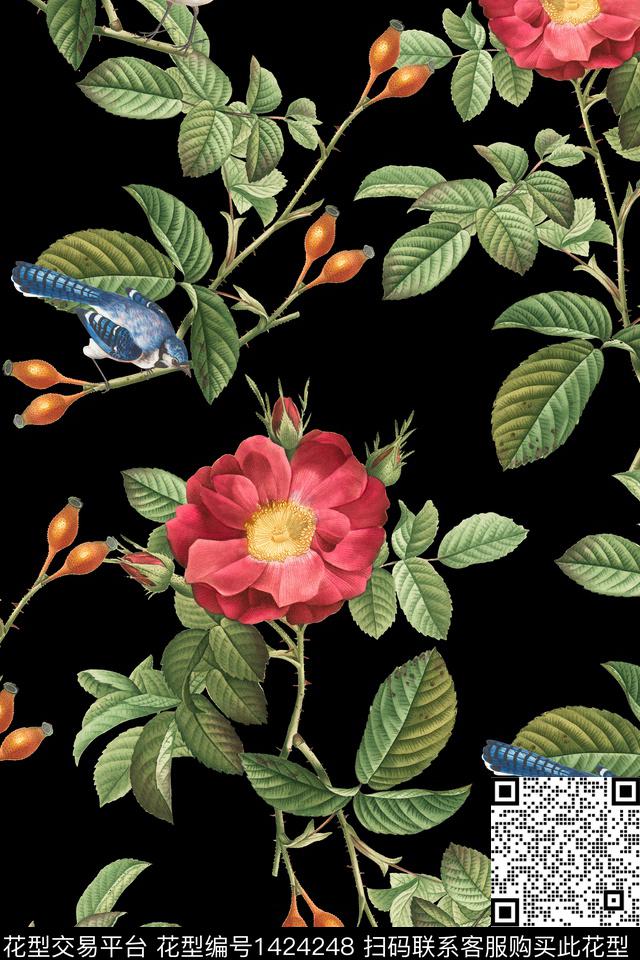 黑底花卉花鸟红花绿叶数码印花花型下载（图片编号: 1424248） - 瓦栏（Walan）