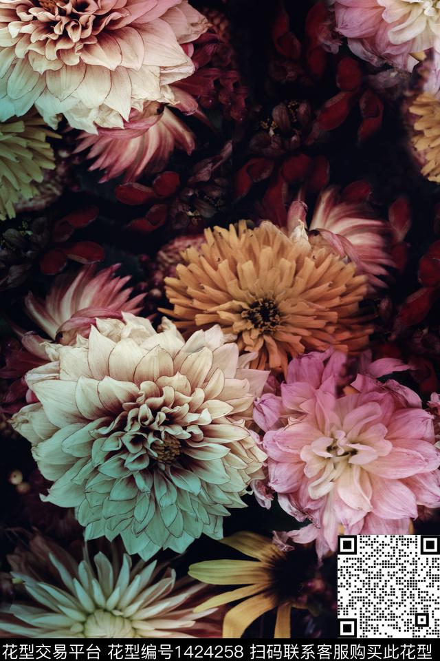 朦胧花卉炫彩大花炫彩数码印花花型下载（图片编号: 1424258） - 瓦栏（Walan）