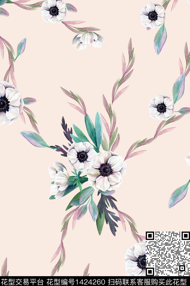 花卉清爽小花粉底花数码印花花型下载（图片编号: 1424260） - 瓦栏（Walan）