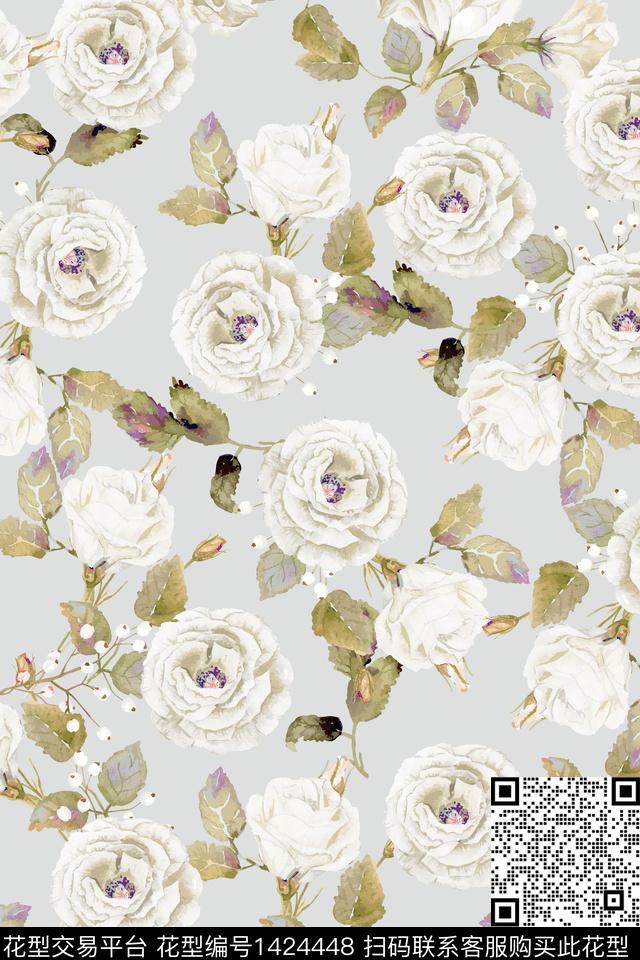 玫瑰花花卉大牌风数码印花花型下载（图片编号: 1424448） - 瓦栏（Walan）