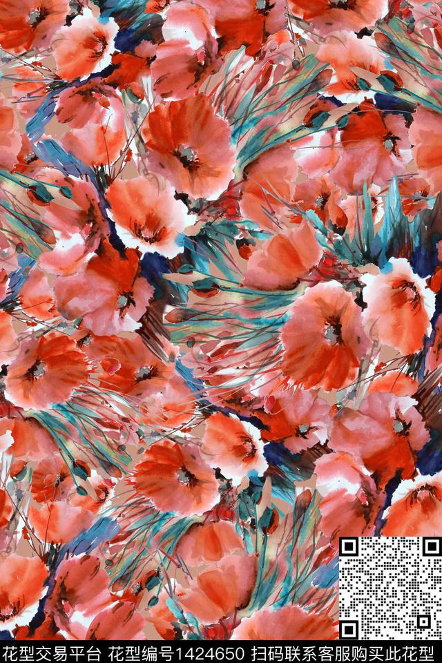 抽象水彩花卉满版散花数码印花花型下载（图片编号: 1424650） - 瓦栏（Walan）