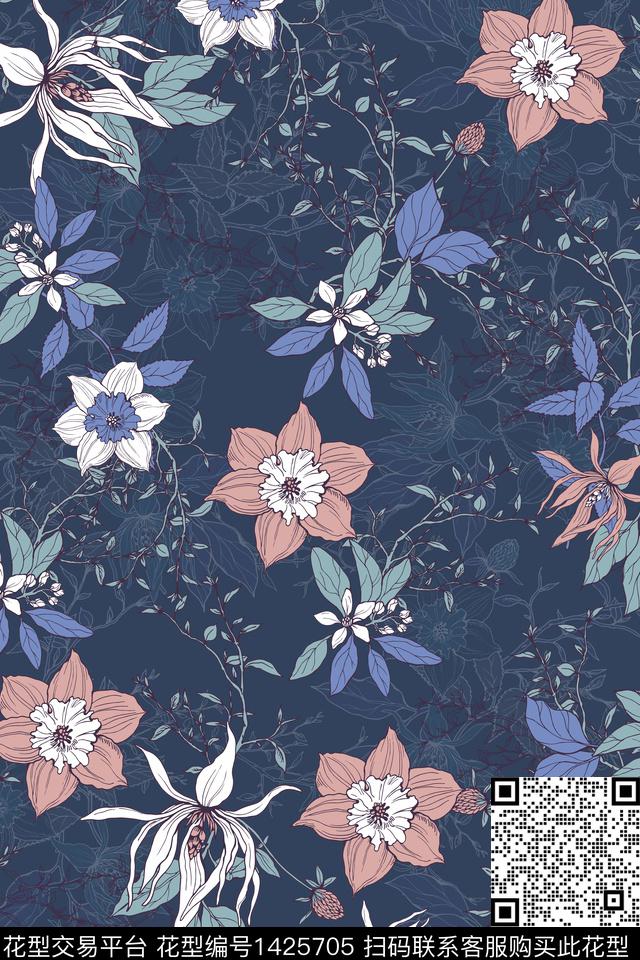 花卉大牌风植物数码印花花型下载（图片编号: 1425705） - 瓦栏（Walan）