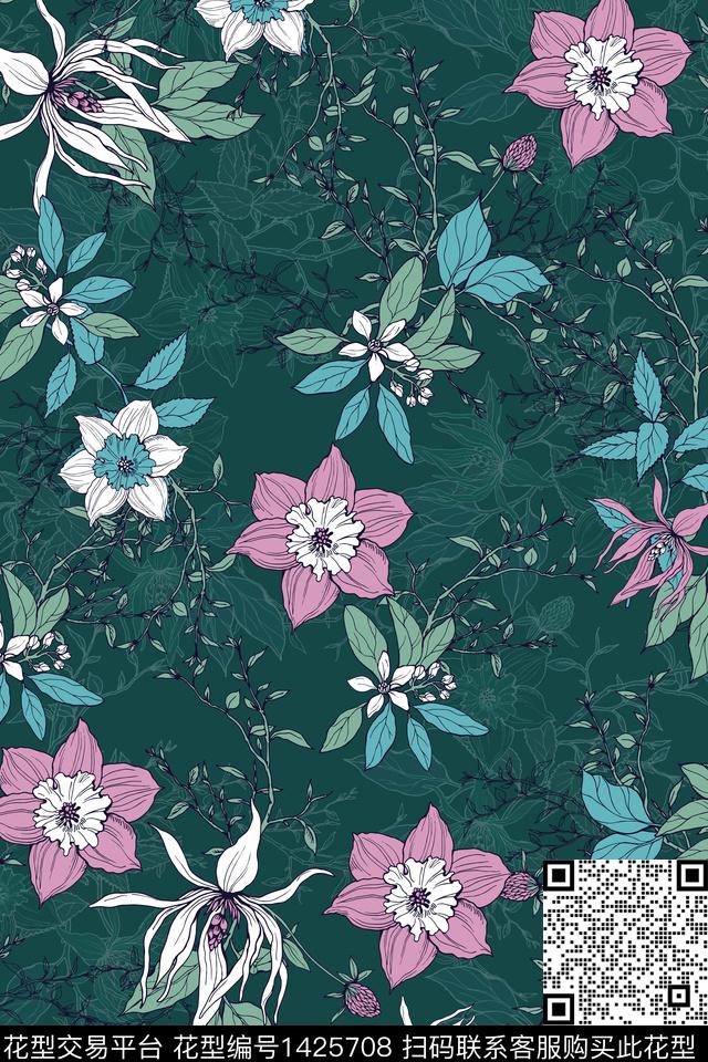 花卉大牌风植物数码印花花型下载（图片编号: 1425708） - 瓦栏（Walan）