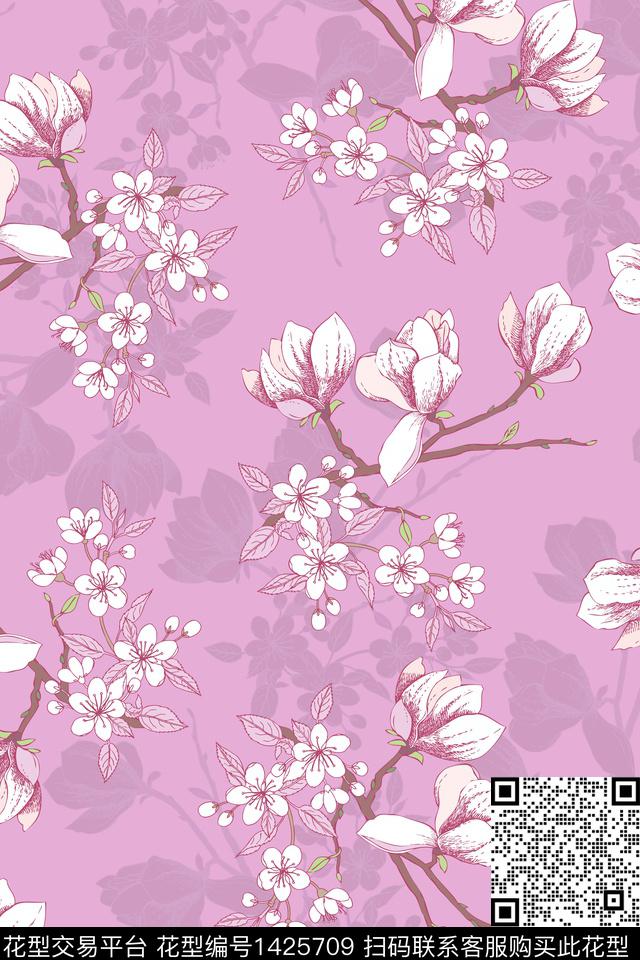 花卉大牌风植物数码印花花型下载（图片编号: 1425709） - 瓦栏（Walan）