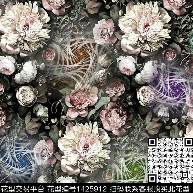 黑底花卉古典花纹复古数码印花花型下载（图片编号: 1425912） - 瓦栏（Walan）