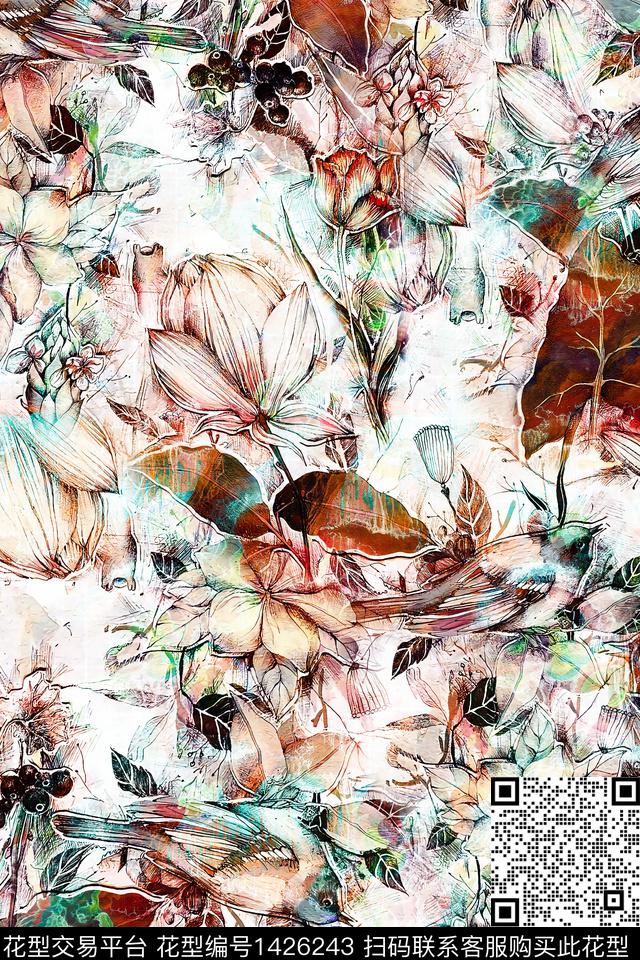 花鸟绿植树叶炫彩数码印花花型下载（图片编号: 1426243） - 瓦栏（Walan）