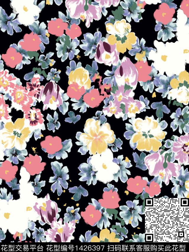 手绘富贵花复古数码印花花型下载（图片编号: 1426397） - 瓦栏（Walan）