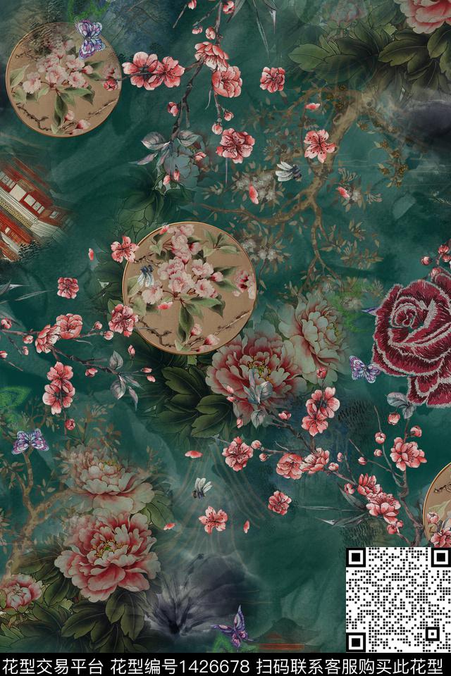 qx662.jpg - 1426678 - 水墨风 花卉 中国 - 数码印花花型 － 女装花型设计 － 瓦栏