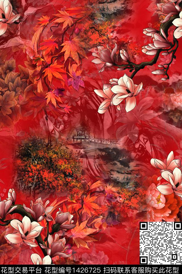 qx671.jpg - 1426725 - 水墨风 花卉 中国 - 数码印花花型 － 女装花型设计 － 瓦栏