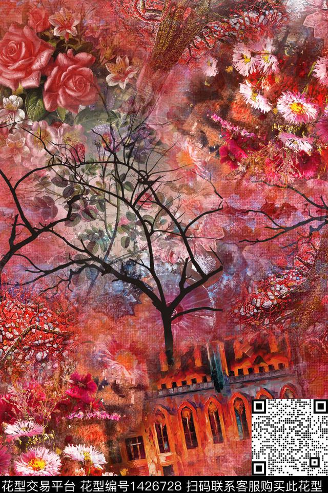 qx672.jpg - 1426728 - 水墨风 花卉 中国 - 数码印花花型 － 女装花型设计 － 瓦栏