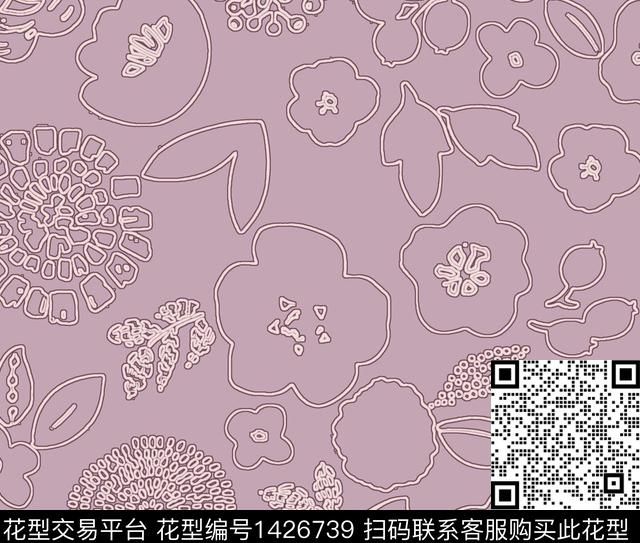 清爽底花卉手绘花卉线条花卉传统印花花型下载（图片编号: 1426739） - 瓦栏（Walan）