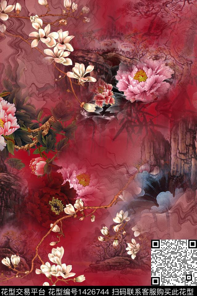 qx677.jpg - 1426744 - 水墨风 花卉 中国 - 数码印花花型 － 女装花型设计 － 瓦栏