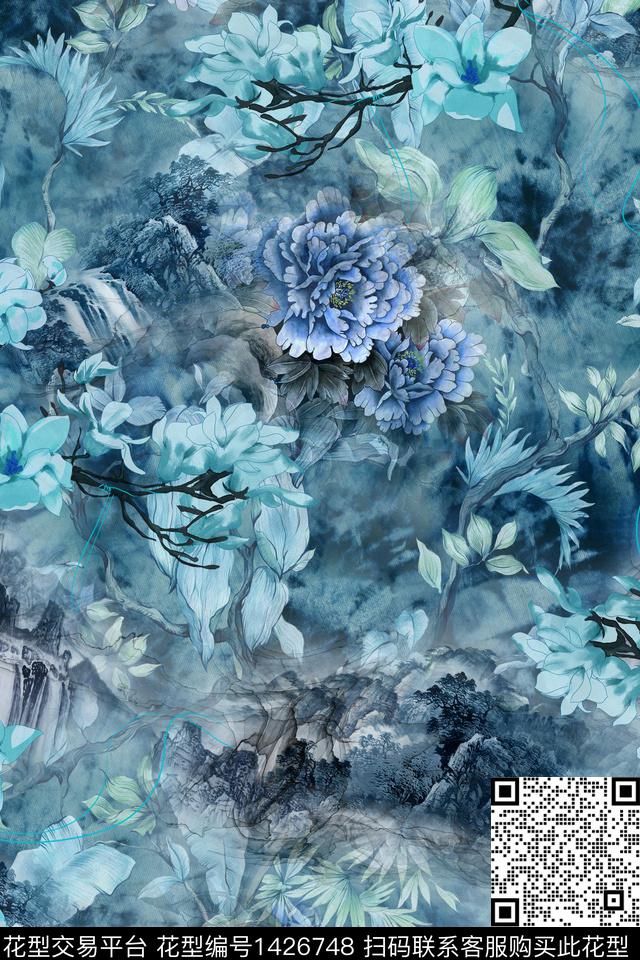 qx679.jpg - 1426748 - 水墨风 花卉 中国 - 数码印花花型 － 女装花型设计 － 瓦栏