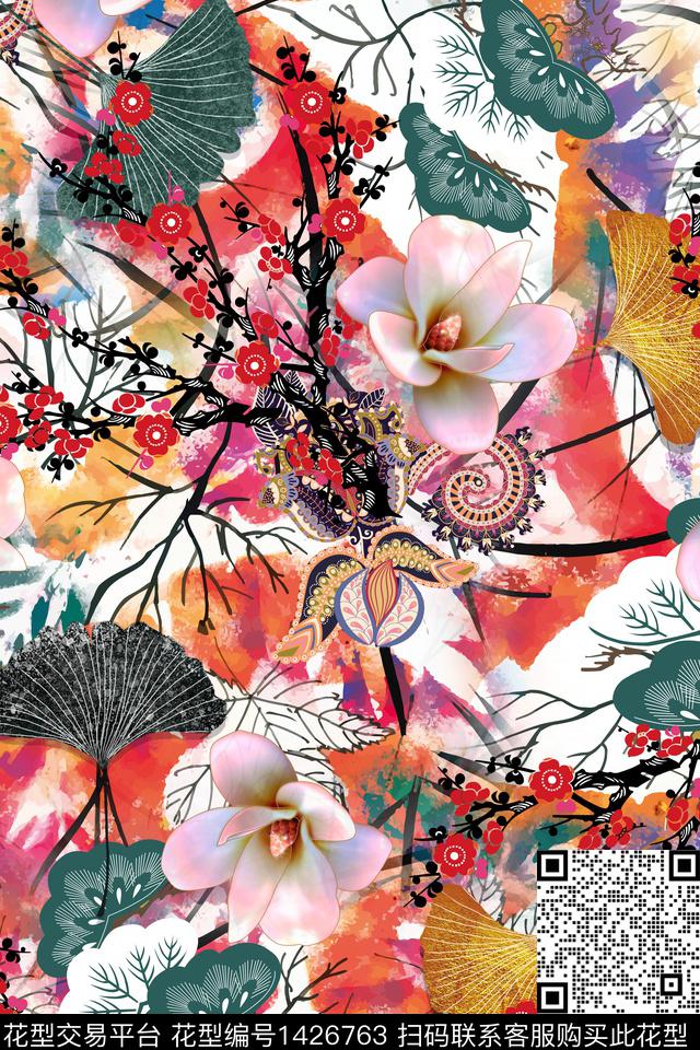 qx689.jpg - 1426763 - 花卉 中国 国画 - 数码印花花型 － 女装花型设计 － 瓦栏
