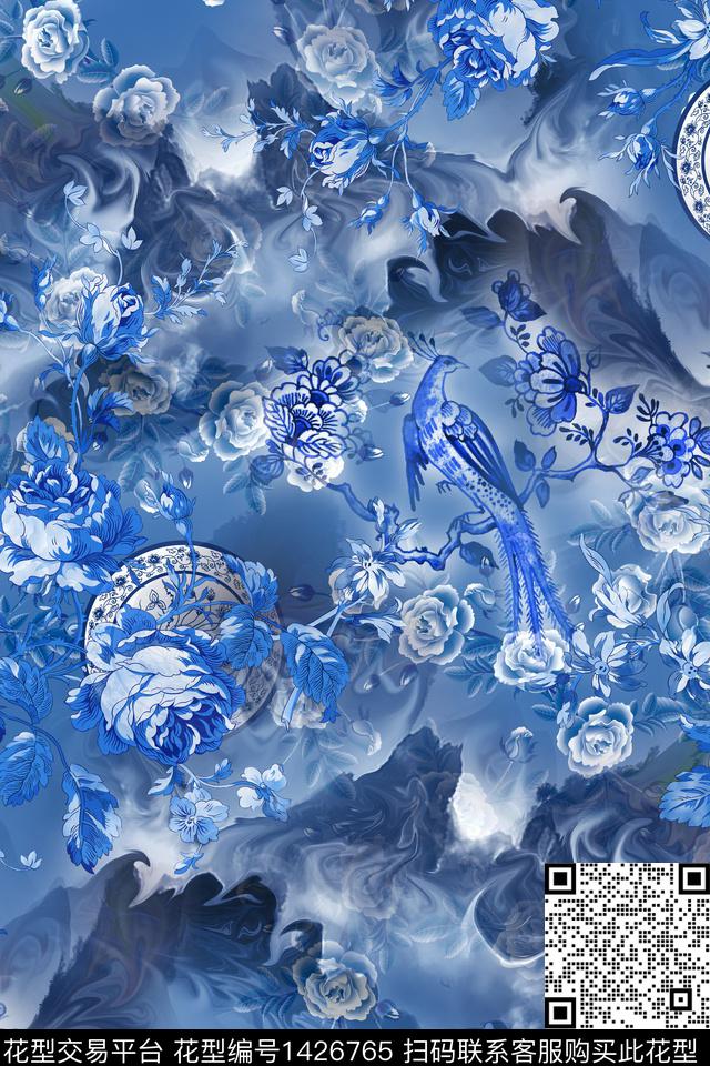 qx691.jpg - 1426765 - 花卉 中国 国画 - 数码印花花型 － 女装花型设计 － 瓦栏
