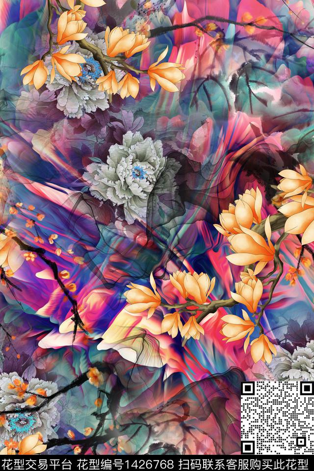 qx694.jpg - 1426768 - 花卉 中国 国画 - 数码印花花型 － 女装花型设计 － 瓦栏