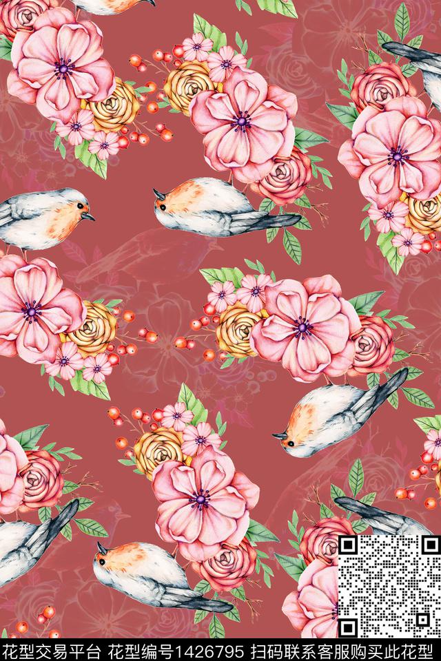 花鸟复古花卉数码印花花型下载（图片编号: 1426795） - 瓦栏（Walan）