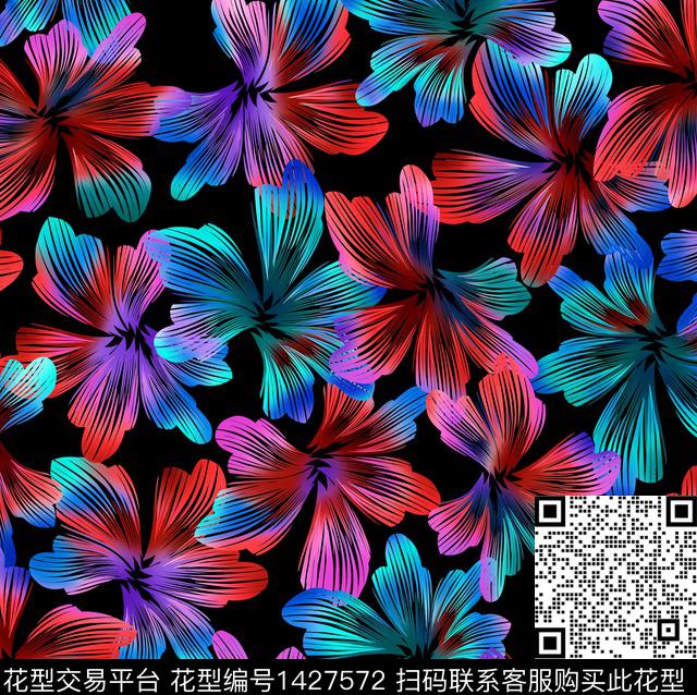 C6464P.jpg - 1427572 - 黑底花卉 趋势花型 年轻女性 - 传统印花花型 － 女装花型设计 － 瓦栏