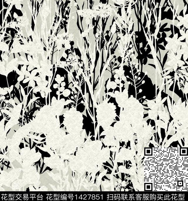 绿植树叶黑底花卉鲜花数码印花花型下载（图片编号: 1427851） - 瓦栏（Walan）
