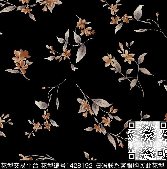 黑底花卉女装花卉数码印花花型下载（图片编号: 1428192） - 瓦栏（Walan）
