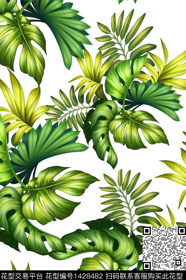 xZ1991.jpg - 1428482 - 绿植树叶 热带花型 真丝 - 数码印花花型 － 女装花型设计 － 瓦栏