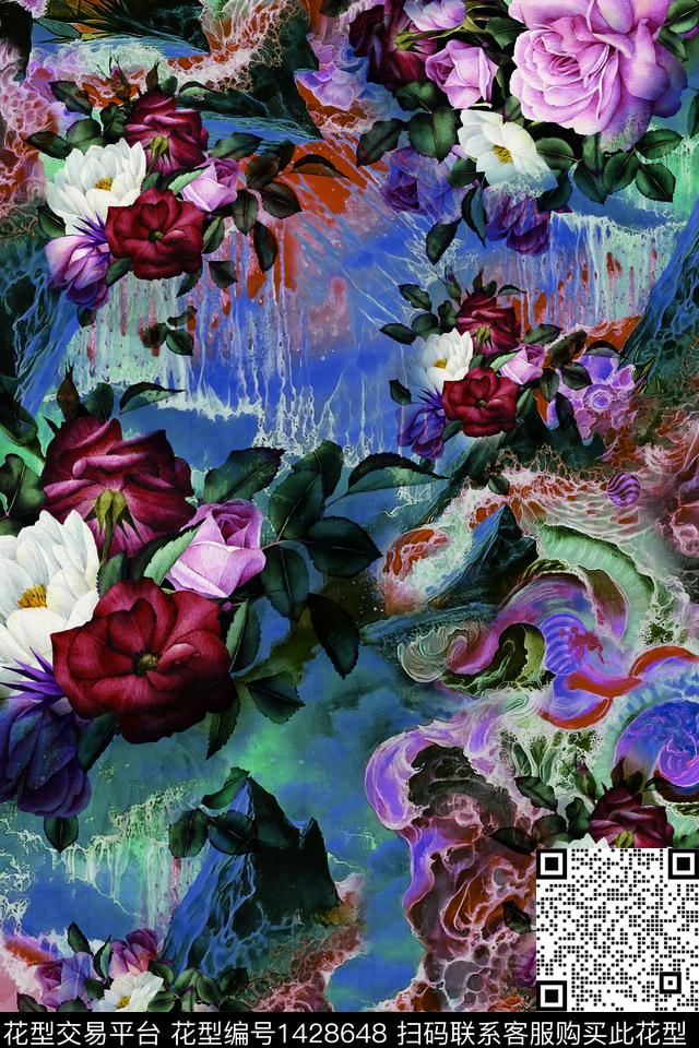 炫彩大花复古数码印花花型下载（图片编号: 1428648） - 瓦栏（Walan）