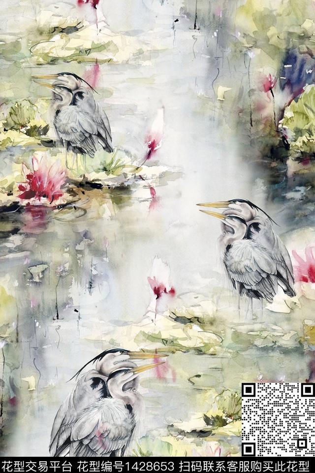 荷花仙鹤水墨风数码印花花型下载（图片编号: 1428653） - 瓦栏（Walan）