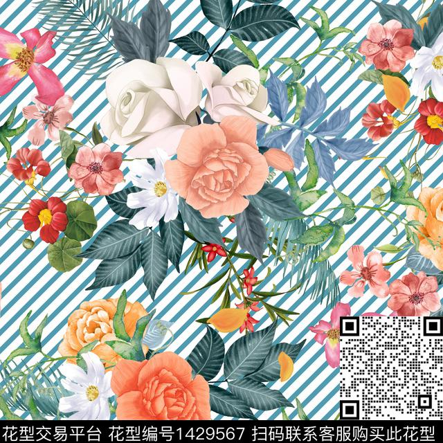 女装花卉条纹数码印花花型下载（图片编号: 1429567） - 瓦栏（Walan）