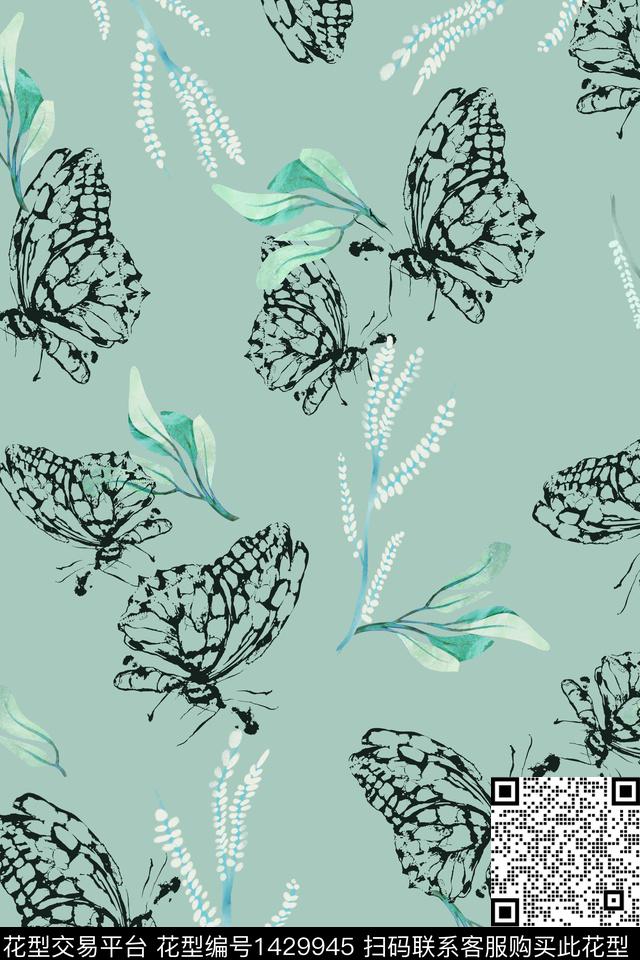 花卉蝴蝶小清新抽象数码印花花型下载（图片编号: 1429945） - 瓦栏（Walan）