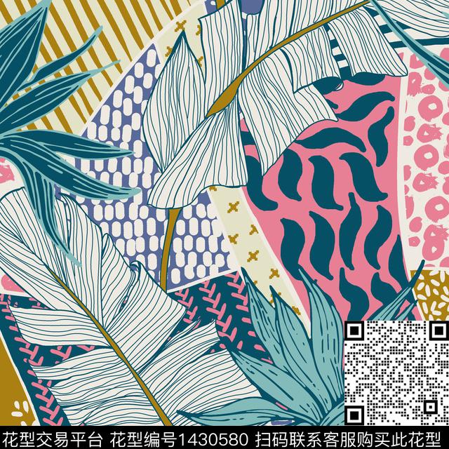 植物热带花型混合拼接传统印花花型下载（图片编号: 1430580） - 瓦栏（Walan）