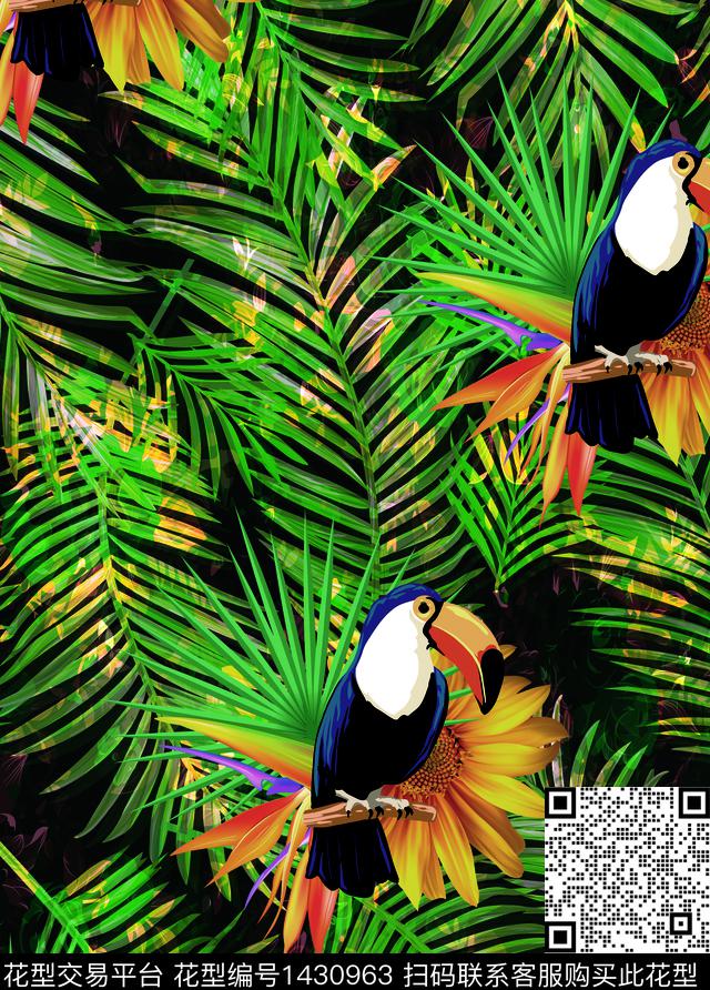 热带混合拼接.jpg - 1430963 - 绿植树叶 鹦鹉 沙滩 - 数码印花花型 － 男装花型设计 － 瓦栏