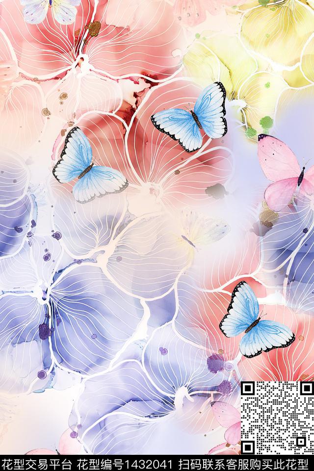 WC00887.jpg - 1432041 - 花卉蝴蝶 水彩 肌理 - 数码印花花型 － 女装花型设计 － 瓦栏