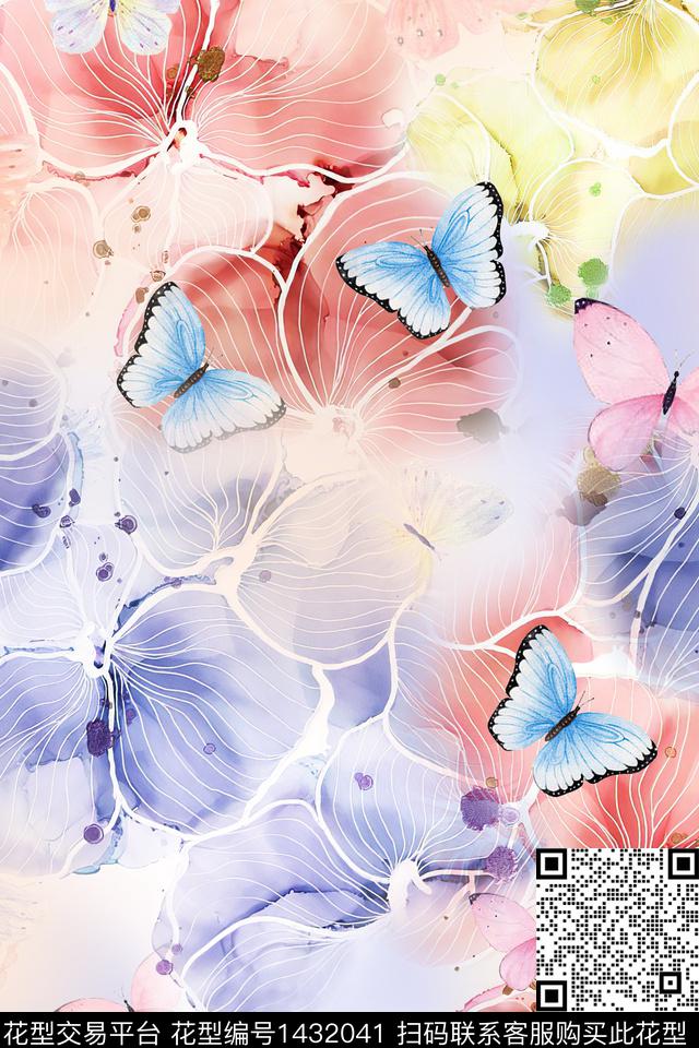 花卉蝴蝶水彩肌理数码印花花型下载（图片编号: 1432041） - 瓦栏（Walan）